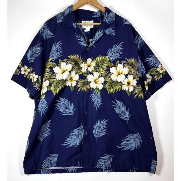 KYs Hawaiian Shirt Mens 2XL Blue Floral Border Print Made in Hawaii Aloha